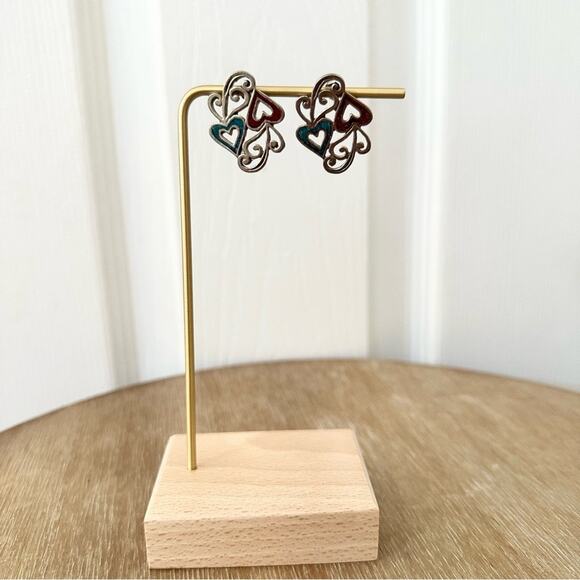 Silver Tone Turquoise Heart Scroll Red Accent Hanging Stud Earrings Southwestern - Picture 3 of 5